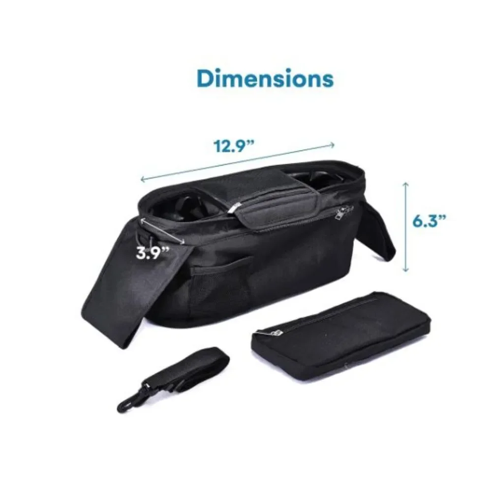 NEW Universal Stroller Organizer Bag Black Insulated Cup Holders Phone Pocket